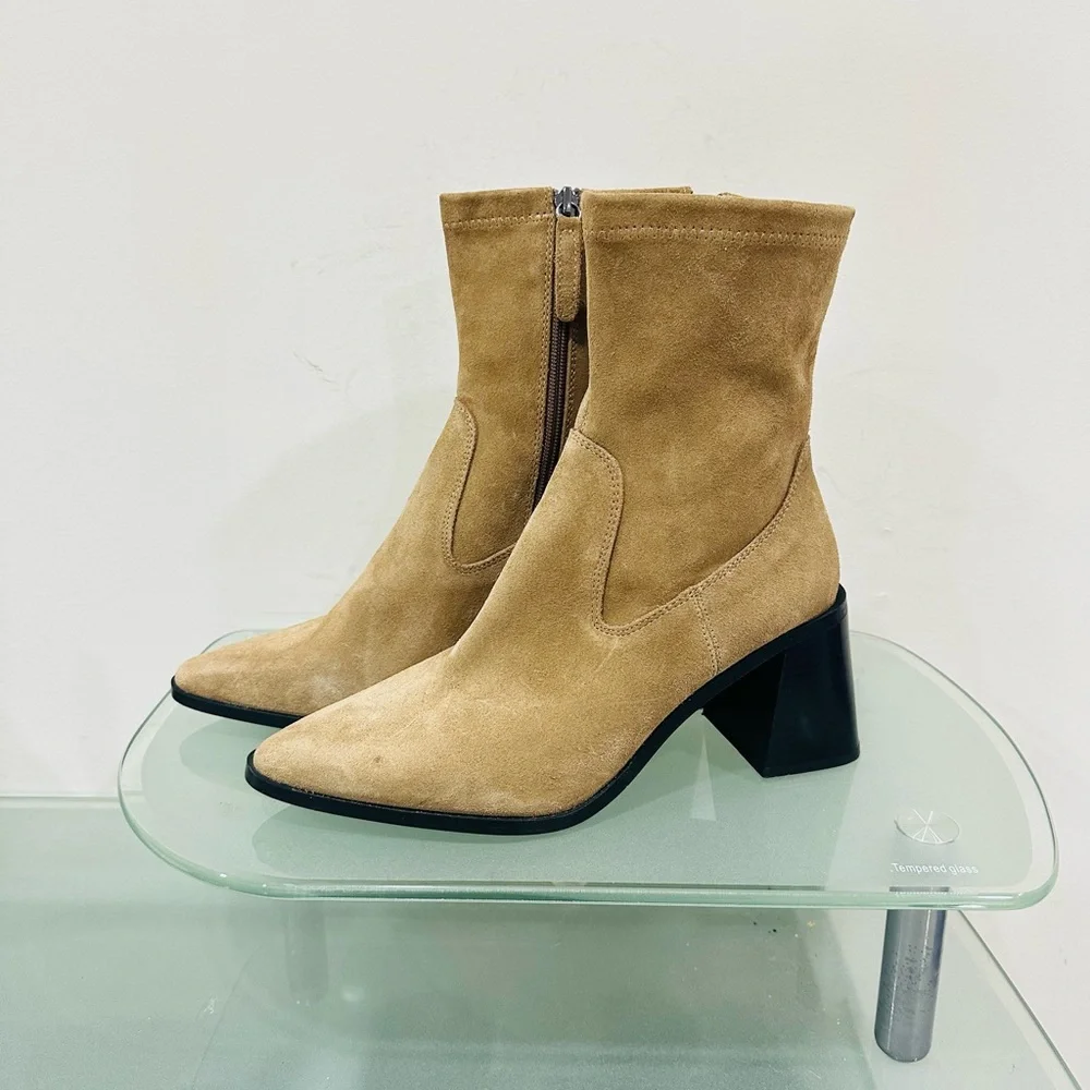 NWOT Zara Tan‎ Suede Ankle Boot  Block Heel  Bootie Pointed Toe 40 US 9 / 9.5